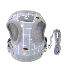 Pet Mesh Harness Dog Leash Set Reflective Chest Strap Adjustable Puppy Vest For Puppies Breeds Dogs Cats Walking Outdoor (Option: LeashGreyCheckeredXS)
