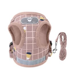 Pet Mesh Harness Dog Leash Set Reflective Chest Strap Adjustable Puppy Vest For Puppies Breeds Dogs Cats Walking Outdoor (Option: LeashPinkCheckeredM)