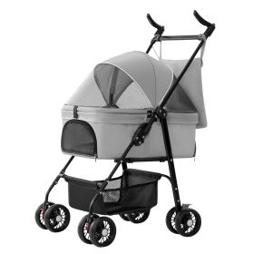 4 Wheels Pet Stroller Foldable Carrier Strolling Cart Travel Jogger Pet Stroller with Removable Liner Storage Basket for Dog Cat (Option: PetStroller Grey)