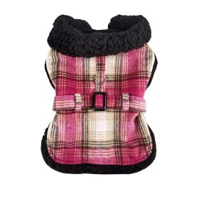 Sherpa-Lined Dog Harness Coat - Hot Pink & Tan Plaid (size: small)